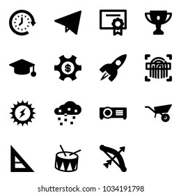 Solid vector icon set - clock around vector, paper fly, certificate, gold cup, graduate hat, money managemet, rocket, fingerprint scanner, sun power, snow, projector, wheelbarrow, corner ruler, drum