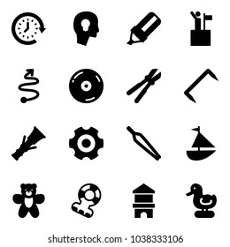 Solid vector icon set - clock around vector, head bulb, highlight marker, win, trip, cd, bolt cutter, staple, dowel, gear, forceps, sailboat toy, bear, teethers, block house, duck