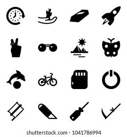 Solid Vector Icon Set - Clock Around Vector, Hand Sproute, Gold, Rocket, Victory, Sunglasses, Pyramid, Butterfly, Dolphin, Bike, Micro Flash Card, Standby Button, Bucksaw, Work Knife, Screwdriver