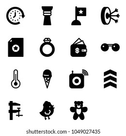 Solid vector icon set - clock around vector, award, flag, solution, certificate, diamond ring, finance management, sunglasses, thermometer, ice cream, wireless speaker, chevron, clamp, chicken toy