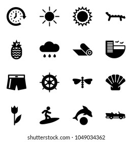 Solid vector icon set - clock around vector, sun, lounger, pineapple, rain cloud, mat, hotel, swimsuit, hand wheel, dragonfly, shell, tulip, surfing, dolphin, cabrio