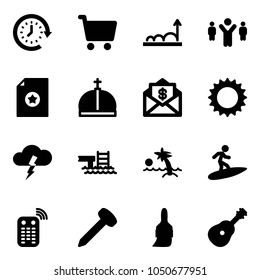 Solid vector icon set - clock around vector, cart, growth, team leader, certificate, crown, mail dollar, sun, storm, pool, palm, surfing, remote control, nail, brush, guitar