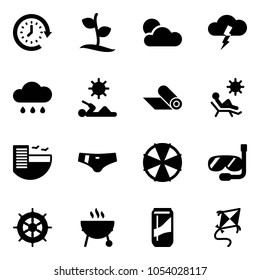 Solid vector icon set - clock around vector, sproute, storm, rain cloud, reading, mat, beach, hotel, swimsuit, parasol, diving, hand wheel, grill, drink, kite