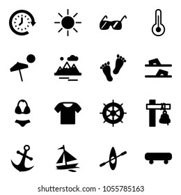 Solid vector icon set - clock around vector, sun, sunglasses, thermometer, beach, mountains, feet, flip flops, swimsuit, t shirt, hand wheel, ship bell, anchor, sail boat, kayak, skateboard