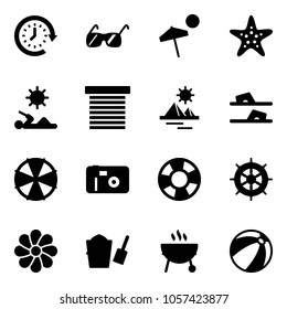 Solid vector icon set - clock around vector, sunglasses, beach, starfish, reading, jalousie, pyramid, flip flops, parasol, photo, lifebuoy, hand wheel, flower, bucket scoop, grill, ball