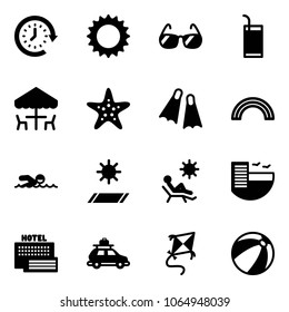 Solid vector icon set - clock around vector, sun, sunglasses, drink, outdoor cafe, starfish, flippers, rainbow, swimming, mat, beach, hotel, sea, car baggage, kite, ball