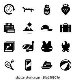 Solid vector icon set - clock around vector, lounger, pineapple, strawberry, sea hotel, pyramid, cap, suitcase, photo, diving, life vest, fire, badminton, drink, cruiser, beach ball