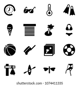 Solid vector icon set - clock around vector, sunglasses, thermometer, flippers, ice cream, jalousie, palm, swimsuit, ball, suitcase, photo, lifebuoy, ship bell, kayak, dragonfly, kite