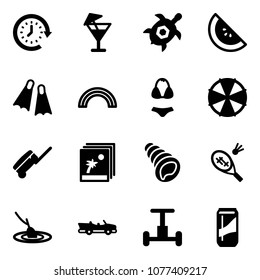 Solid vector icon set - clock around vector, drink, sea turtle, watermelone, flippers, rainbow, swimsuit, parasol, suitcase, photo, shell, badminton, fishing, cabrio, gyroscope