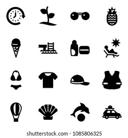 Solid vector icon set - clock around vector, sproute, sunglasses, pineapple, ice cream, pool, uv, beach, swimsuit, t shirt, cap, life vest, air balloon, shell, dolphin, car baggage