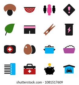 solid vector icon set - clothespin vector, foam basin, pan, colander, egg, mushroom, leaf, piggy bank, man, shorts, energy drink, first aid kit, doctor bag, hub, attention sign, garage
