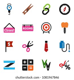 solid vector icon set - clothespin vector, scales, compass, dollar flag, tie, measuring, target, link, drop counter, tooth implant, rooms signboard, closed, calculator, coupon