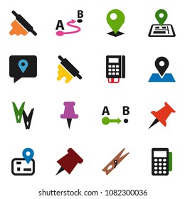 solid vector icon set - clothespin vector, rolling pin, paper, navigator, map, tracking, route, thumbtack, card reader