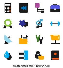 solid vector icon set - clothespin vector, water drop, splotch, case, medal, calculator, barbell, document, satellite antenna, backward button, gender sign, network folder, hub, hierarchy, customer