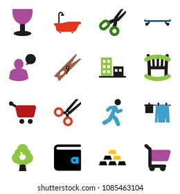 solid vector icon set - clothespin vector, bath, drying clothes, scissors, wallet, gold ingot, skateboard, run, glass, speaking man, fruit tree, apartments, crib, cart
