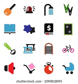 solid vector icon set  - clothespin vector, window cleaning, splotch, washboard, shower, cook timer, ladle, book, annual report, bike, cargo, film frame, speaker, siren, key, baby stroller