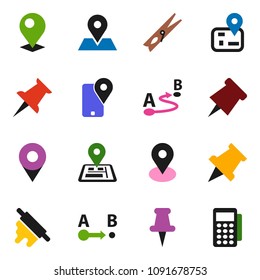 solid vector icon set - clothespin vector, rolling pin, paper, navigator, map, traking, route, thumbtack, card reader