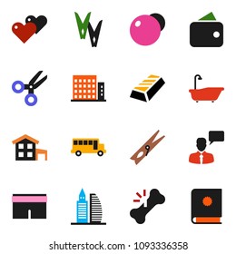 solid vector icon set - clothespin vector, bath, scissors, school bus, gold ingot, fitball, shorts, speaking man, heart, broken bone, cottage, apartments, office building, wallet, catalog