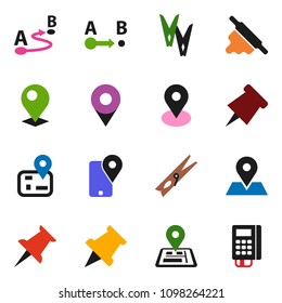 solid vector icon set - clothespin vector, rolling pin, paper, navigator, map, traking, route, thumbtack, card reader