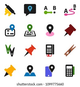 solid vector icon set - clothespin vector, rolling pin, paper, navigator, map, tracking, route, thumbtack, card reader