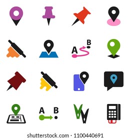 solid vector icon set - clothespin vector, rolling pin, paper, navigator, map, traking, route, thumbtack, card reader