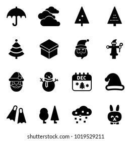 Solid vector icon set - vector, clouds, christmas tree, gift, santa claus, snowman, calendar, hat, flippers, forest, snow, toy rabbit