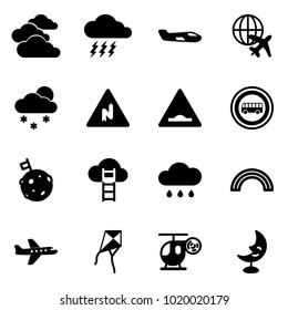 Solid vector icon set - clouds vector, storm, small plane, globe, snowfall, abrupt turn right road sign, artificial unevenness, no bus, moon flag, cloud ladder, rain, rainbow, kite, helicopter toy