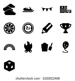 Solid vector icon set - clouds vector, snowmobile, flag garland, hospital building, lemon slice, limited width road sign, highlight marker, gold cup, rainbow, fire, bucket scoop, balloon smile