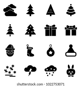 Solid vector icon set - clouds vector, christmas tree, gift, santa claus, sock, ball, hat, sale, storm, snow, toy rabbit