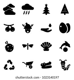 Solid vector icon set - clouds vector, storm, christmas tree, rowanberry, deer hat, drop hand, eggs, moon flag, dragonfly, shell, dolphin, recycling, wheelbarrow, crocodile, toy caterpillar