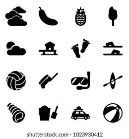 Solid vector icon set - clouds vector, banana, pineapple, ice cream, bungalow, feet, flip flops, volleyball, suitcase, diving, kayak, shell, bucket scoop, car baggage, beach ball