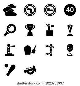 Solid vector icon set - clouds vector, no left turn road sign, truck overtake, minimal speed limit, magnifier, win cup, pennant, lighthouse, bucket scoop, bezier, balloon smile, baseball bat