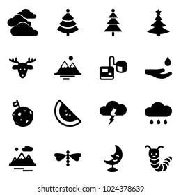 Solid vector icon set - clouds vector, christmas tree, deer, mountains, tonometer, drop hand, moon flag, watermelone, storm, rain cloud, dragonfly, lamp, toy caterpillar