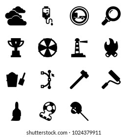 Solid vector icon set - clouds vector, drop counter, no trailer road sign, magnifier, win cup, parasol, lighthouse, fire, bucket scoop, bezier, sledgehammer, paint roller, brush, teethers