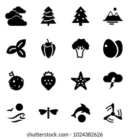 Solid vector icon set - clouds vector, christmas tree, mountains, three leafs, sweet pepper, broccoli, eggs, moon flag, strawberry, starfish, storm, waves, dragonfly, dolphin, wind mill