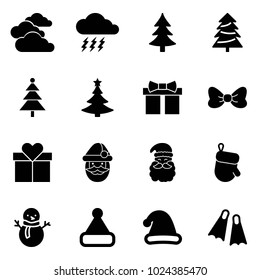 Solid vector icon set - clouds vector, storm, christmas tree, gift, bow, santa claus, glove, snowman, hat, flippers