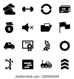 Solid vector icon set - clouds vector, barbell, exchange, credit card, money bag, volume off, folder, flag, car, certificate, golden branch, sun, bezier, terms plan, moon rover, chevron