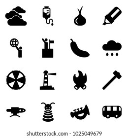 Solid vector icon set - clouds vector, drop counter, onion, highlight marker, world, win, banana, rain cloud, parasol, lighthouse, fire, sledgehammer, pipe welding, pyramid toy, horn, bus