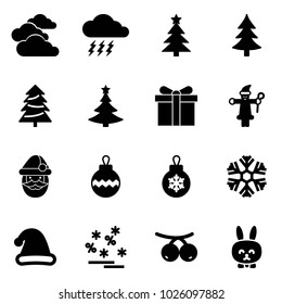 Solid vector icon set - clouds vector, storm, christmas tree, gift, santa claus, ball, snowflake, hat, sale, rowanberry, toy rabbit