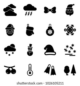 Solid vector icon set - clouds vector, storm, bow, santa claus, christmas glove, ball, snowflake, snowfall, snowman, hat, sale, rowanberry, thermometer, flippers, forest