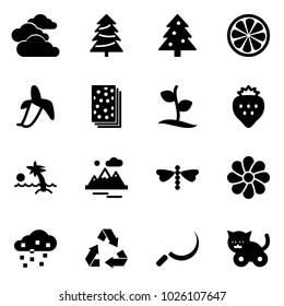 Solid vector icon set - clouds vector, christmas tree, lemon slice, banana, breads, sproute, strawberry, palm, mountains, dragonfly, flower, snow, recycling, sickle, toy cat