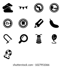 Solid vector icon set - clouds vector, flag garland, no left turn road sign, trailer, limited width, dangerous cargo, highlight marker, banana, fretsaw, magnifier, pyramid toy, balloon smile