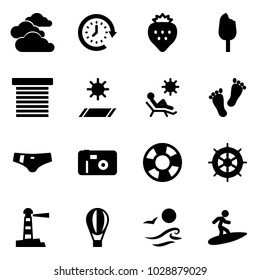 Solid vector icon set - clouds vector, clock around, strawberry, ice cream, jalousie, mat, beach, feet, swimsuit, photo, lifebuoy, hand wheel, lighthouse, air balloon, waves, surfing