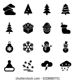 Solid vector icon set - clouds vector, christmas tree, gift, santa claus, sock, ball, snowflake, snowman, hat, sale, storm, snow