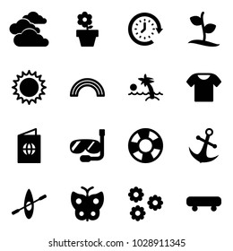 Solid vector icon set - clouds vector, flower pot, clock around, sproute, sun, rainbow, palm, t shirt, passport, diving, lifebuoy, anchor, kayak, butterfly, skateboard