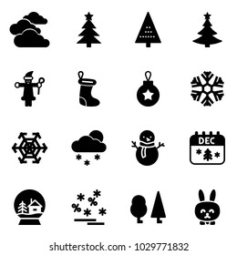 Solid vector icon set - clouds vector, christmas tree, santa claus, sock, ball, snowflake, snowfall, snowman, calendar, snowball house, sale, forest, toy rabbit