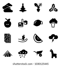Solid vector icon set - clouds vector, christmas tree, holly, apple, tonometer, lemon, broccoli, breads, hand sproute, watermelone, storm, tent, snow, wheelbarrow, toy giraffe