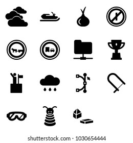 Solid vector icon set - clouds vector, snowmobile, onion, no parkin odd, cart horse road sign, truck overtake, network folder, win cup, rain cloud, bezier, fretsaw, protective glasses, pyramid toy