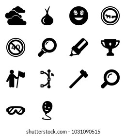 Solid vector icon set - clouds vector, onion, dollar smile, no cart horse road sign, end minimal speed limit, magnifier, highlight marker, gold cup, win, bezier, sledgehammer, protective glasses