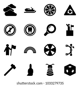 Solid vector icon set - clouds vector, snowmobile, lemon slice, round motion road sign, no parkin odd, dangerous cargo, magnifier, win, rainbow, parasol, bezier, sledgehammer, brush, pyramid toy